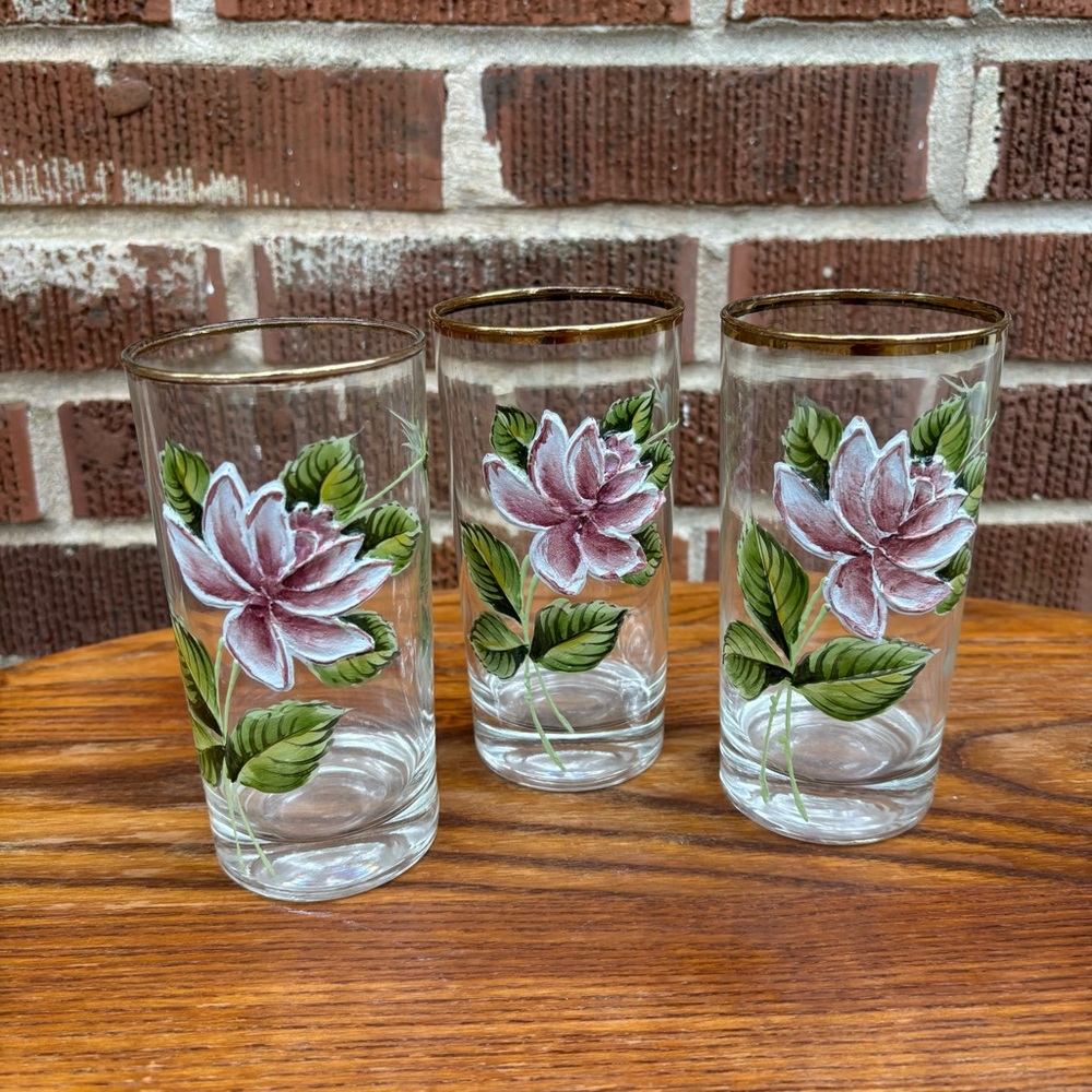 Hand-Painted Flower Glass Glacier Gold trim Blossom Pattern 3D Textured Set of 3